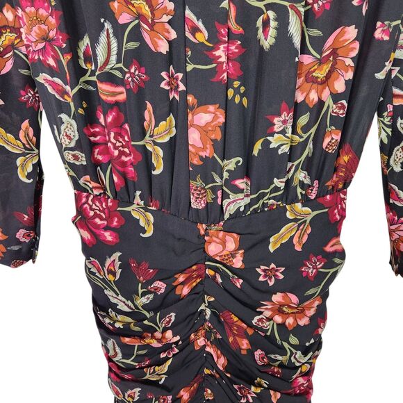 A.L.C. Dress Womens 10 Black Floral Haven Ruched Silk Long‎ Sleeve NWT Flaw $595 - Picture 8 of 16